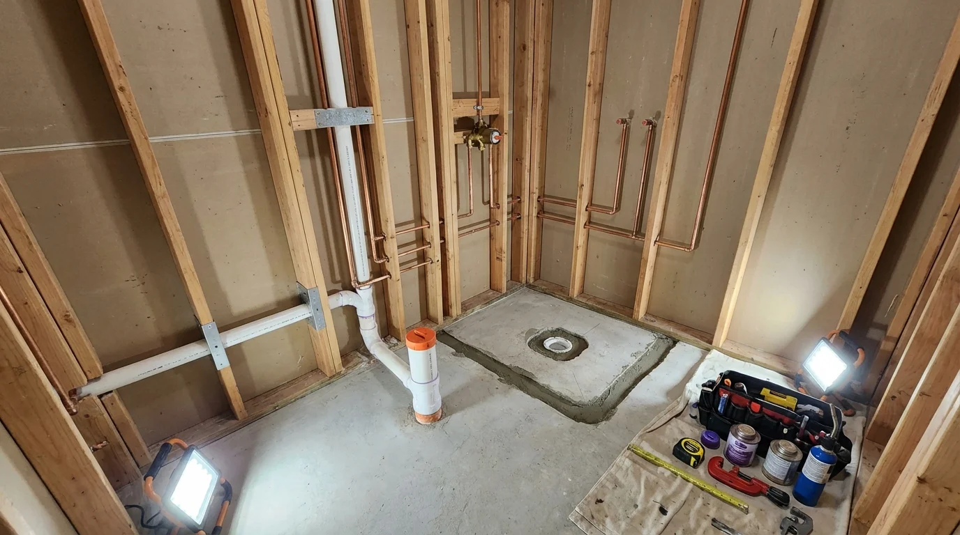 Bathroom rough-in plumbing during remodel by Johns Plumbing LLC in Vermilion