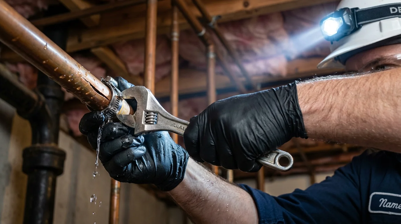 Emergency pipe clamp repair being performed by a Johns Plumbing LLC plumber in Vermilion