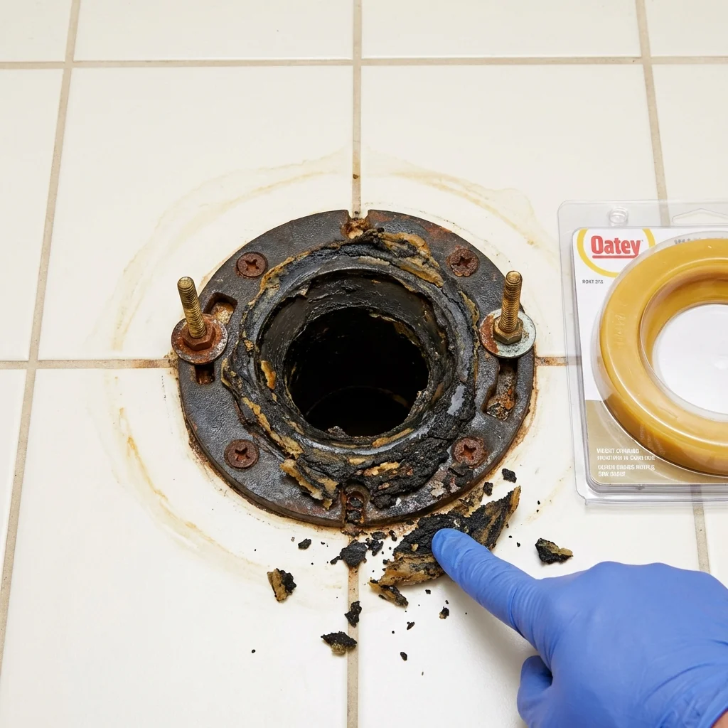 Failed wax ring showing water seepage at the base of a toilet in a Vermilion, OH home