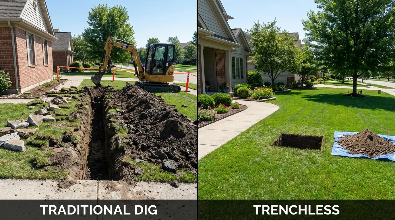 Trenchless sewer repair with minimal yard damage versus traditional excavation in Vermilion, OH