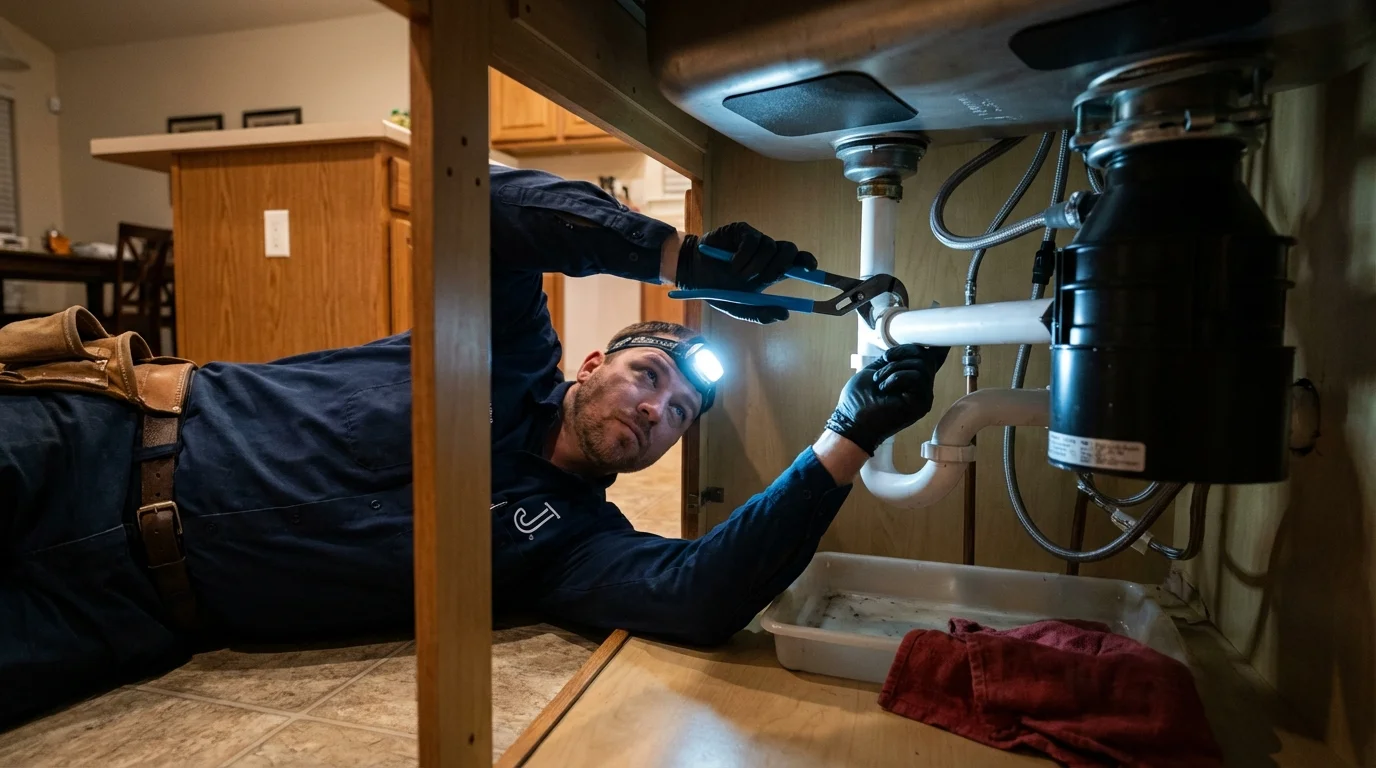 P-trap and supply line connections under a kitchen sink showing a common leak point in Vermilion, OH